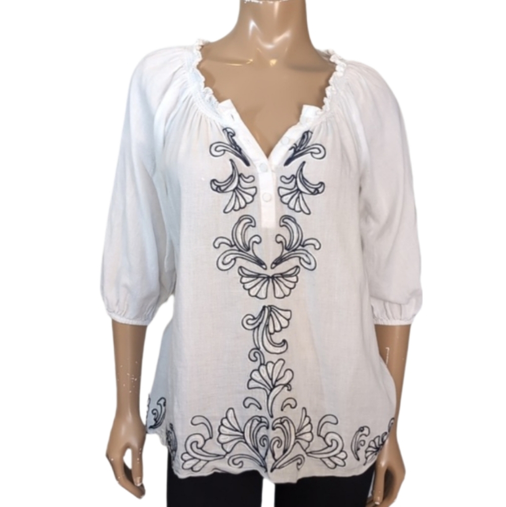 3/$20 The Webster Miami Embroidered Boho Top Womens Size Medium White Cotton Top